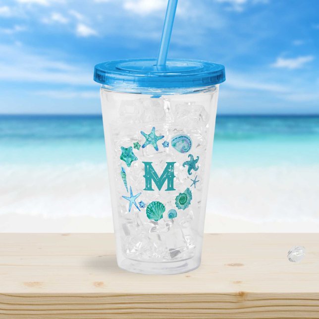 Verre En Acrylique Coastal Ocean Blue Seashells et Starfish Monogramm (Coastal Ocean Blue Seashells and Starfish Monogram Acrylic Tumbler)