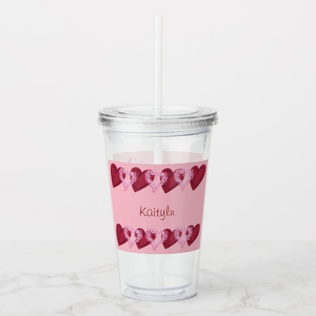 Verre En Acrylique Coeurs sur les coeurs Nom et monogramme - (Devant)