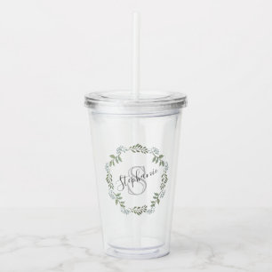 Verre En Acrylique Couronne botanique de verdure sage avec monogramme