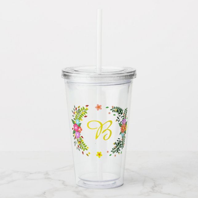 Verre En Acrylique Couronne florale de monogramme (Devant)