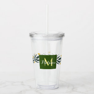 Verre En Acrylique Couronne florale jaune monogramme initial nom