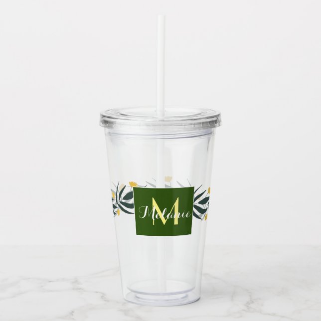 Verre En Acrylique Couronne florale jaune monogramme initial nom (Devant)