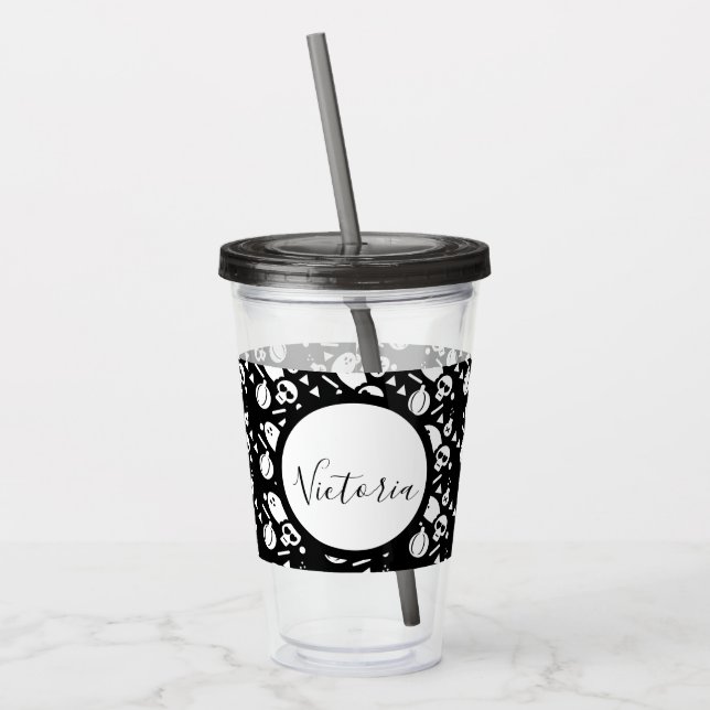 Verre En Acrylique Crâne de squelette citrouille script monogrammé ac (Gauche)