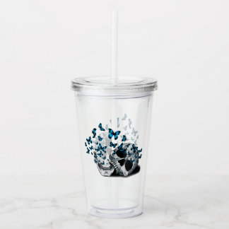 Verre En Acrylique Crâne et papillons bleus