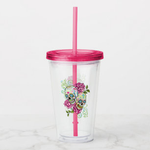 Verre En Acrylique Crânes de Sucre et Roses