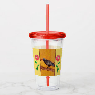 Verre En Acrylique Crow noir sur Branche Rouge Fleurs Abstraites Jaun
