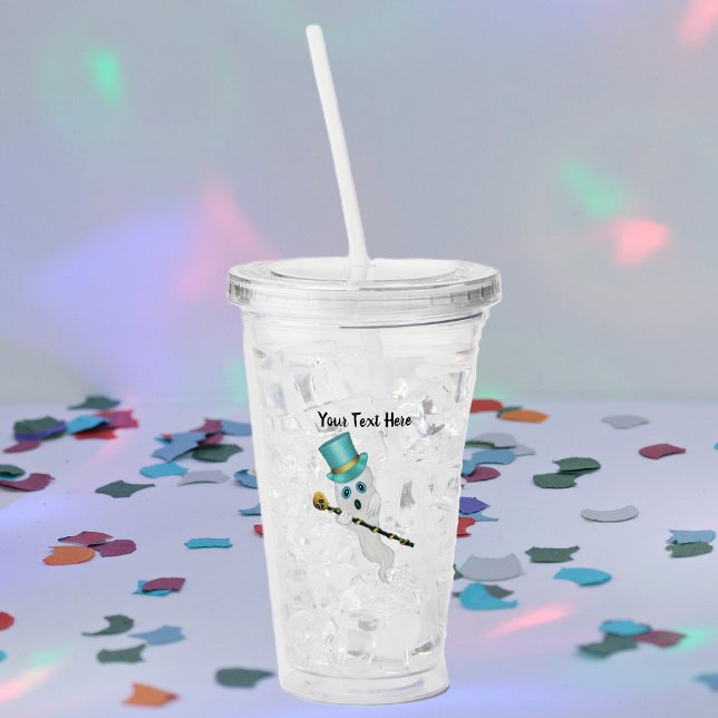 Verre En Acrylique Cuisine Blanc Fancy Fancy Bleu Top Chapeau Canne à (Funny ghost blue eyes and top hat with black cane with gold skull on top on Halloween acrylic tumber)