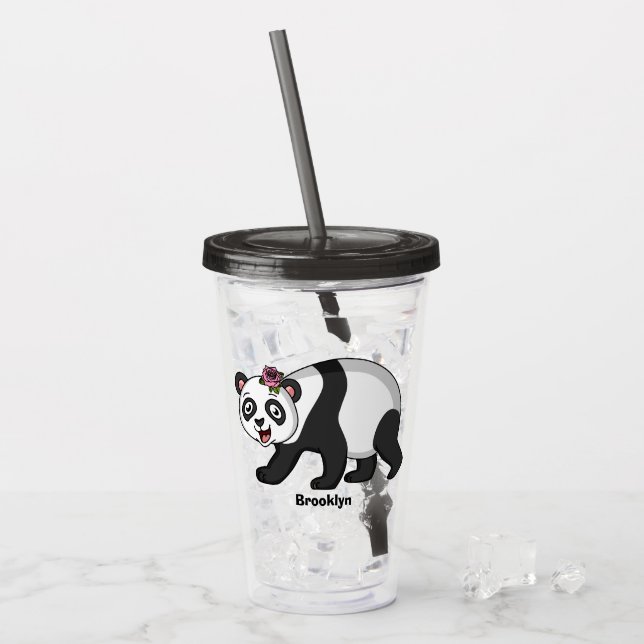 Verre En Acrylique Cute happy panda bear with flower cartoon (Devant glace)