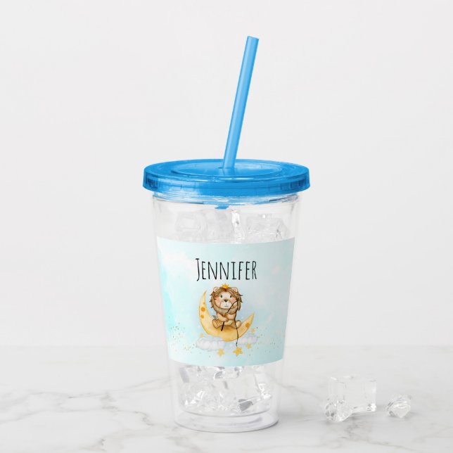 Verre En Acrylique Cute Lion Pêche sur l'aquarelle de la lune (Dos glace)