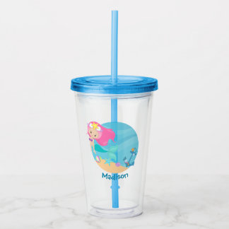 Verre En Acrylique Cute Mermaid Girl Beach Anniversaire Fête Enfants
