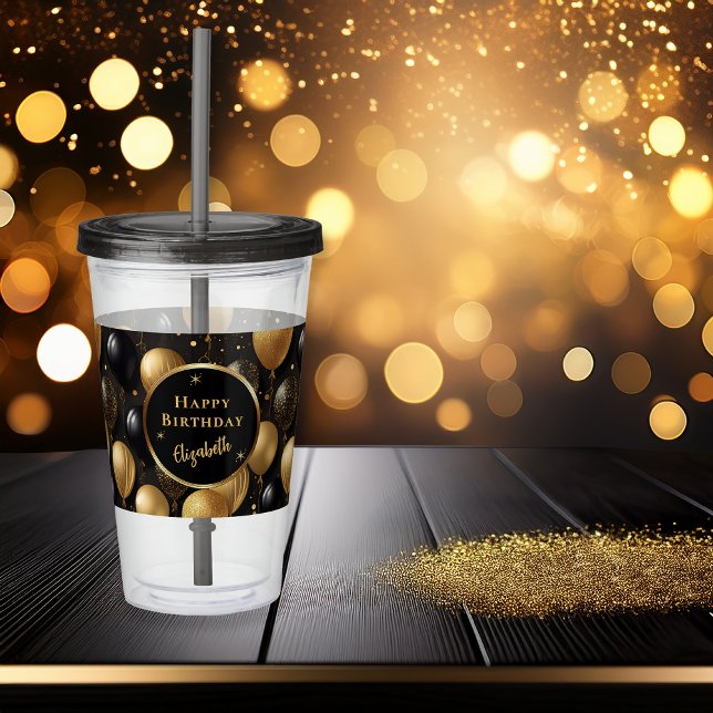 Verre En Acrylique Élégant Black Gold Balloons Motif d'anniversaire (Elegant Black Gold-Tone Faux Glitter Balloons Pattern "Happy Birthday" Party Acrylic Tumbler)