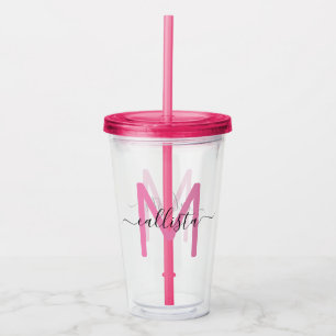 Verre En Acrylique Élégant Monogramme noir rose fille simple
