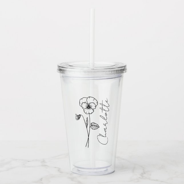 Verre En Acrylique Élégant nom de script Février Fleur de naissance V (Devant)