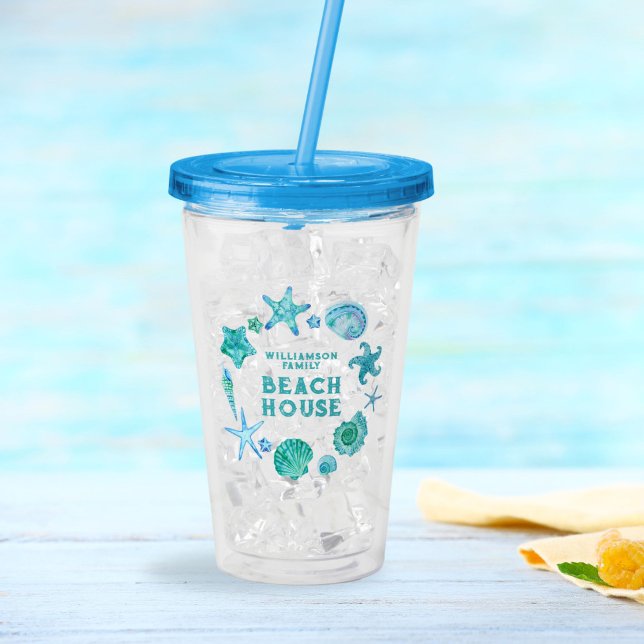 Verre En Acrylique Family Beach House Coastal Blue Seashel (Family Beach House Coastal Blue Seashells Acrylic Tumbler)