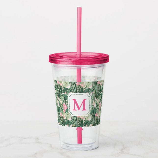 Verre En Acrylique Feuilles tropicaux verts et roses | Monogramme Cab (Devant)