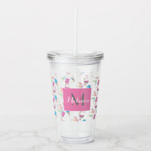Verre En Acrylique Flamant Rose Été Tropical Monogramme Personnalisé