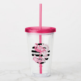 Verre En Acrylique Flamant Rose Fantaisiste Rayures Noires et Blanche