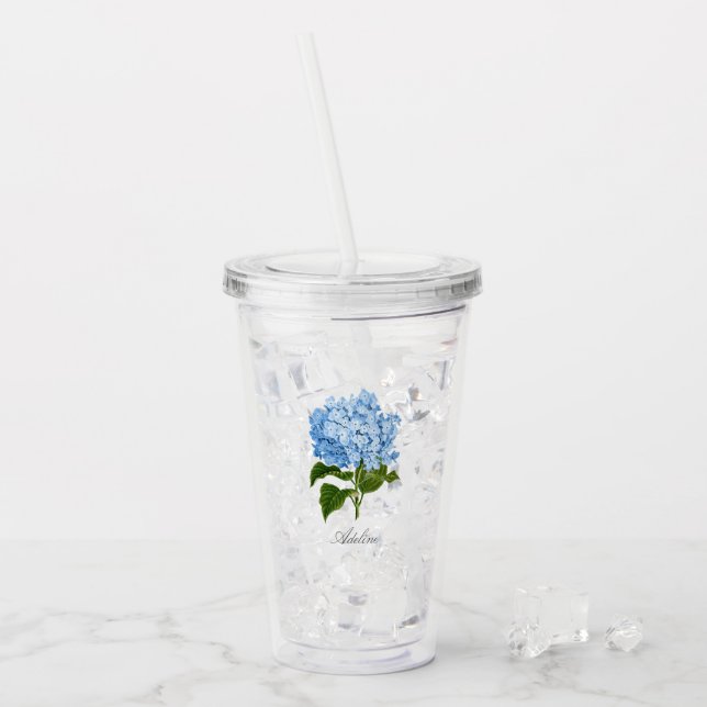 Verre En Acrylique Fleur d'Hydrangée Bleue Classique avec nom (Devant glace)