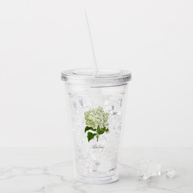 Verre En Acrylique Fleur d'hydrangée verte et blanche avec nom (Devant glace)