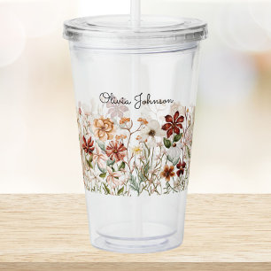 Verre En Acrylique Fleur Florale Personnalisée Aquarelle Vintage