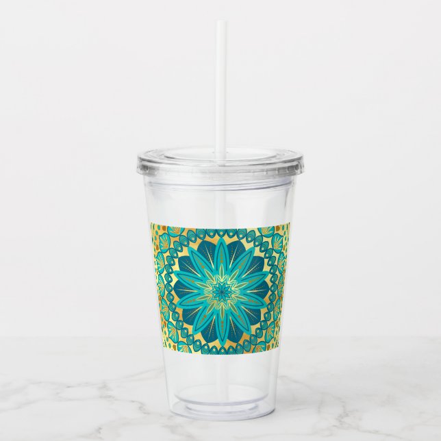 Verre En Acrylique Fleur Mandala Bleu Or (Devant)