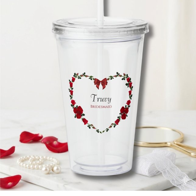 Verre En Acrylique Floral Red Rose Bridesmaid Gift (Personalized Bridesmaid Acrylic Tumbler with Red Rose Heart Storybook Motif)