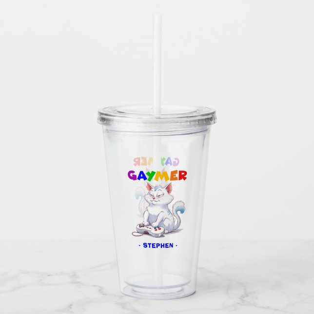 Verre En Acrylique Gaymer - Rainbow Gaming Cat avec console | LGBTQ (Devant)