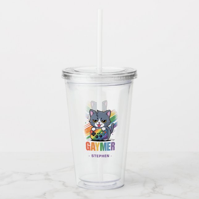 Verre En Acrylique Gaymer - Rainbow Gaming Cat avec console | LGBTQ 2 (Devant)