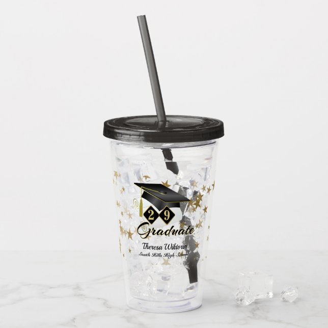 Verre En Acrylique Graduation Party Black Gold Stars Personnalisé (Devant glace)