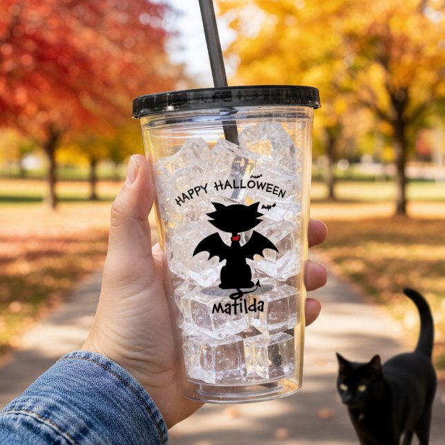 Verre En Acrylique Halloween Cute Black Chat Bat Ailes Tumbler Acryli (Happy Halloween from the black cat! Add your name to this cute acrylic tumbler)