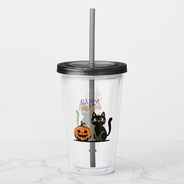Verre En Acrylique Happy Halloween chat et citrouille (Devant)
