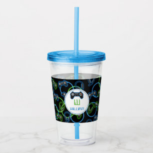Verre En Acrylique Jeu vidéo Neon Blue & Green Motif Monogramme