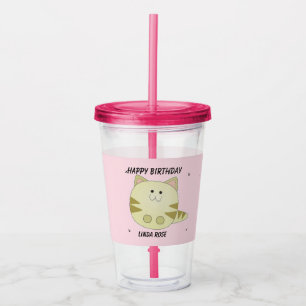 Verre En Acrylique Joli chat brun motif rose joyeux anniversaire
