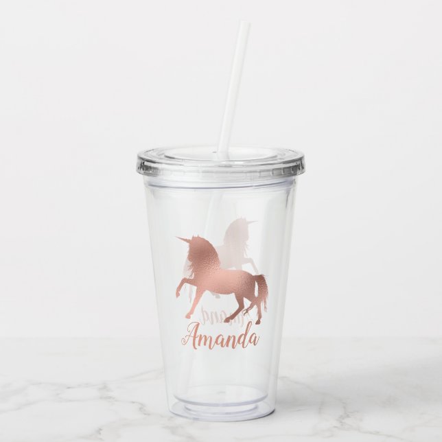 Verre En Acrylique Joli Rose Gold Unicorn Personnalisé Girly (Dos)