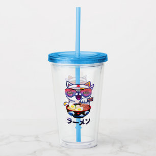 Verre En Acrylique Kawaii Chat Manger Ramen - Jolies nouilles japonai