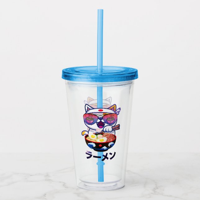Verre En Acrylique Kawaii Chat Manger Ramen - Jolies nouilles japonai (Devant)