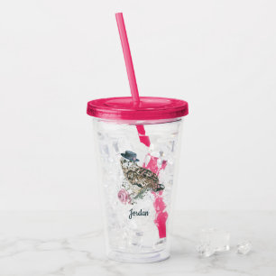 Verre En Acrylique Le hibou d'aquarelle ajoutent votre nom