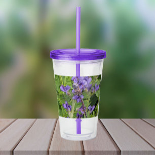 Verre En Acrylique Libellule Darner aux Yeux Bleus sur Fleurs Violett
