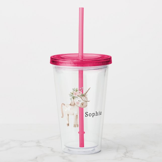Verre En Acrylique Licorne Fleur rose (Devant)