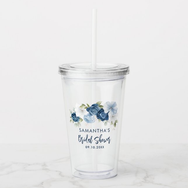 Verre En Acrylique Mariage personnalisé avec fleurs bleu poussiéreux (Devant)