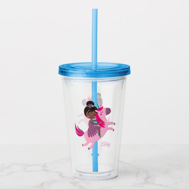 Verre En Acrylique Mignonne Black Haired Girl équitation sur une lico (Devant)