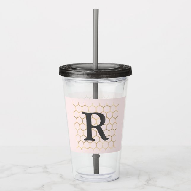 Verre En Acrylique Monogramme Hexagone Or Rose Pastel (Devant)