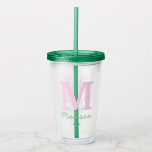 Verre En Acrylique Monogramme Nom personnalisé initial Pink Green
