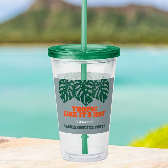 Verre En Acrylique Monstera de Bachelorette Tropicale Bienvenue (tropic like it's hot tropical bachelorette party tumbler with green glitter monstera leaves)