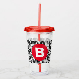 Verre En Acrylique Motif géométrique noir et blanc Monogramme rouge