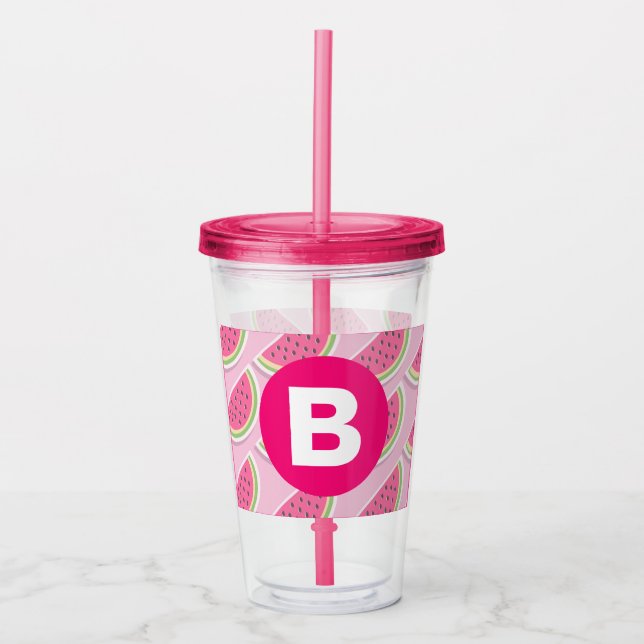 Verre En Acrylique Motif Pastèque Rose Monogramme Cercle (Devant)