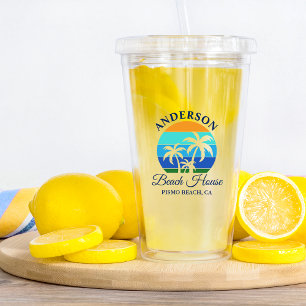 Verre En Acrylique Nom de famille Beach House Sun Palm Trees