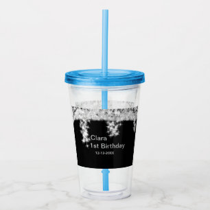 Verre En Acrylique Pailletterie noire argent ajouter nom date de nais