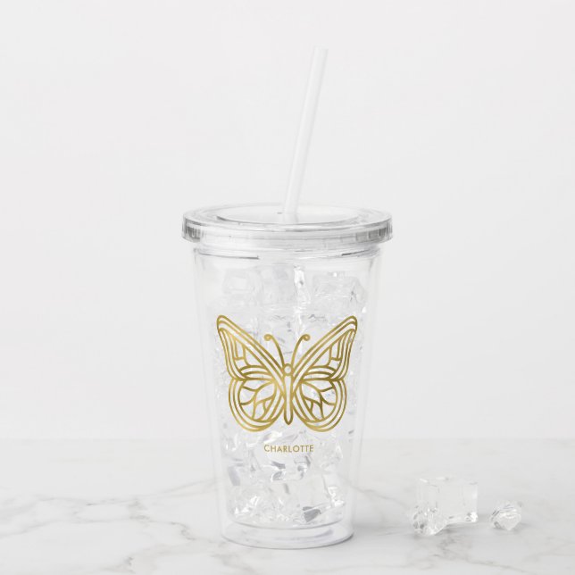 Verre En Acrylique Papillon géométrique Marbre blanc et or (Dos glace)