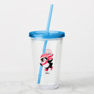 Verre En Acrylique Pingouin de Noël dans un Casquette et écharpe sur